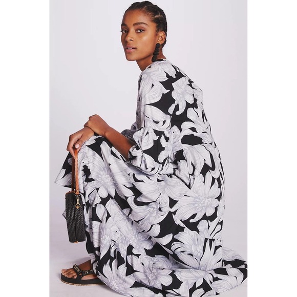 Anthropologie Dresses & Skirts - Maeve‎ Puff-Sleeved Midi Dress Size 4 Floral Black White  anthropology